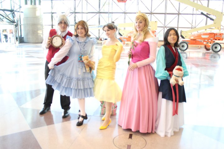 Disney Cosplay (from left to right): The White Rabbit, Alice, Belle, Aurora, Mulan