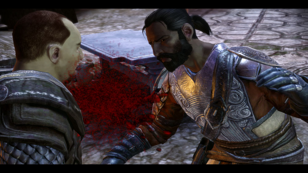 Duncan kills a Grey Warden initiate who refuses to drink the blood.