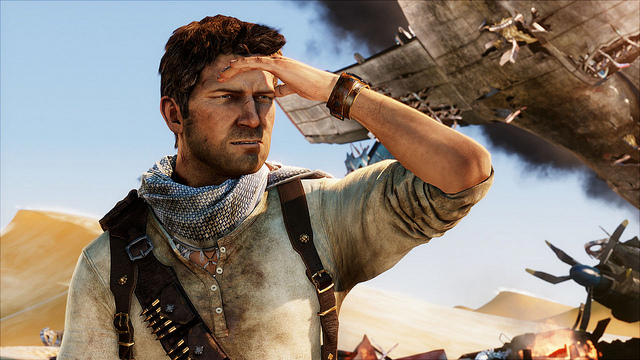 Nathan Drake battles the desert.