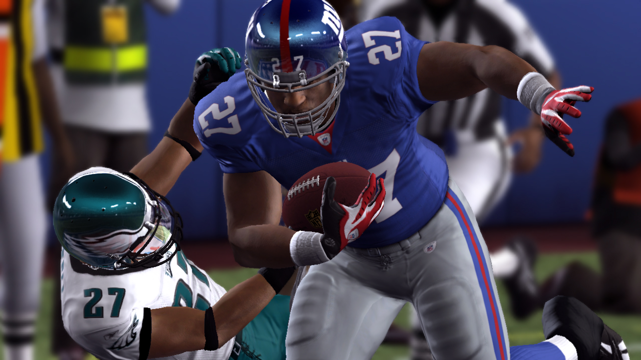 Brandon Jacobs of the Giants trucks through just as Madden has this month