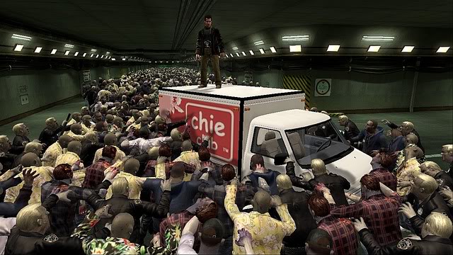 Man on truck, sea of zombies
