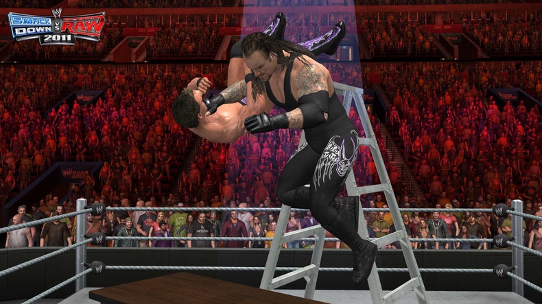 Undertaker chokeslams Randy Orton off a ladder and through some tables.
